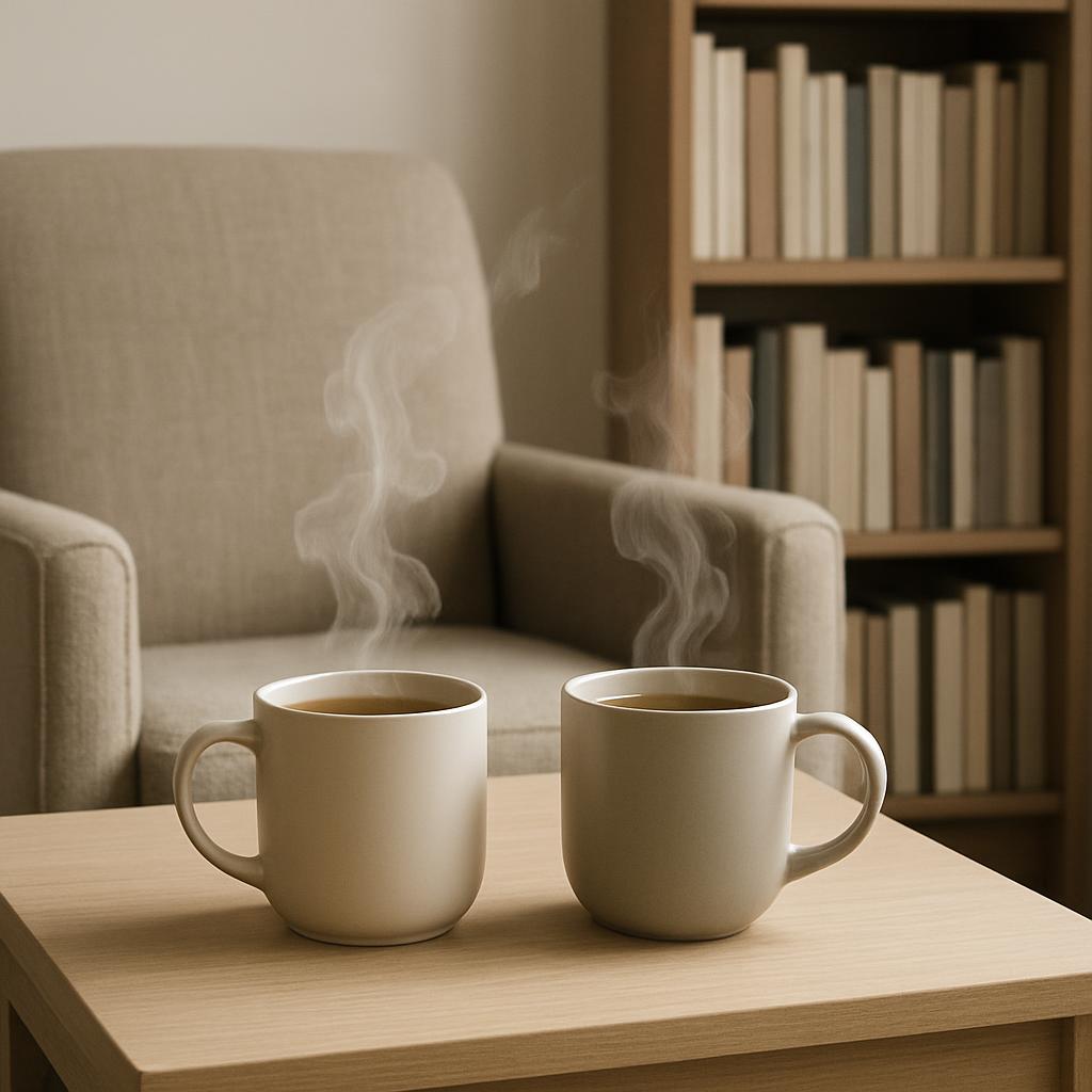 A close-up photograph of two steaming mugs of coffee on a wooden side table in front of a beige armchair and a bookshelf f...