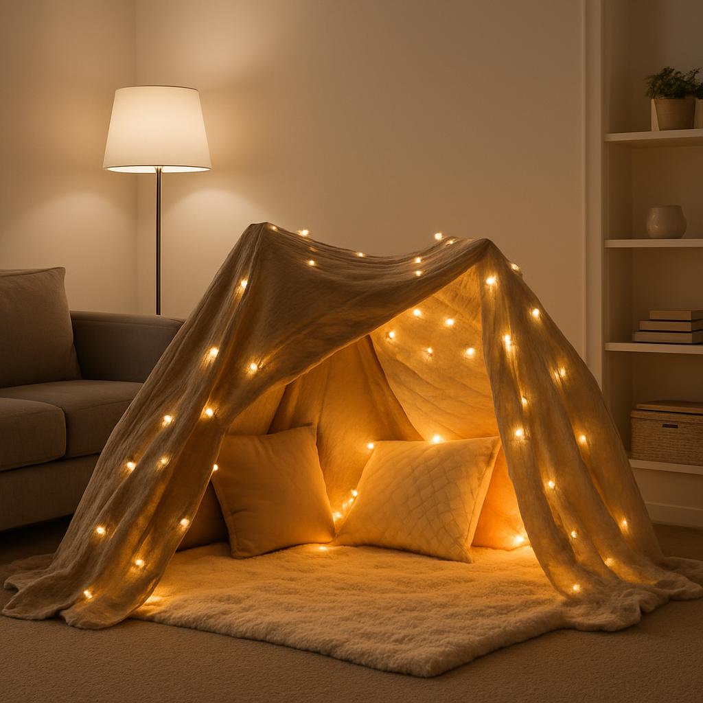 A cozy living room with a built-in snooze tent, featuring a soft-patterned blanket draped over the frame, adorned with glo...