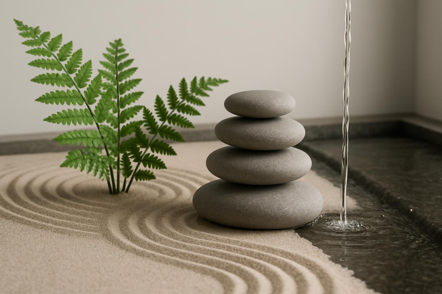 The zen garden is a serene natural space characterized by: * A fountain flowing with water * A delicate fern plant and a s...