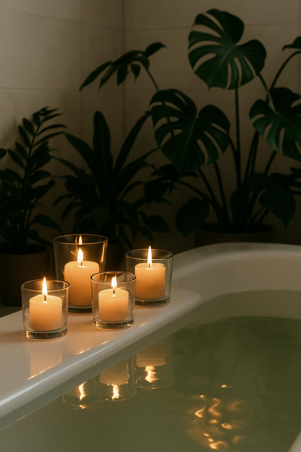 Stripped Monstera deliciosa plants in the background stand in front of the tiles surrounding a natural green bath and cand...